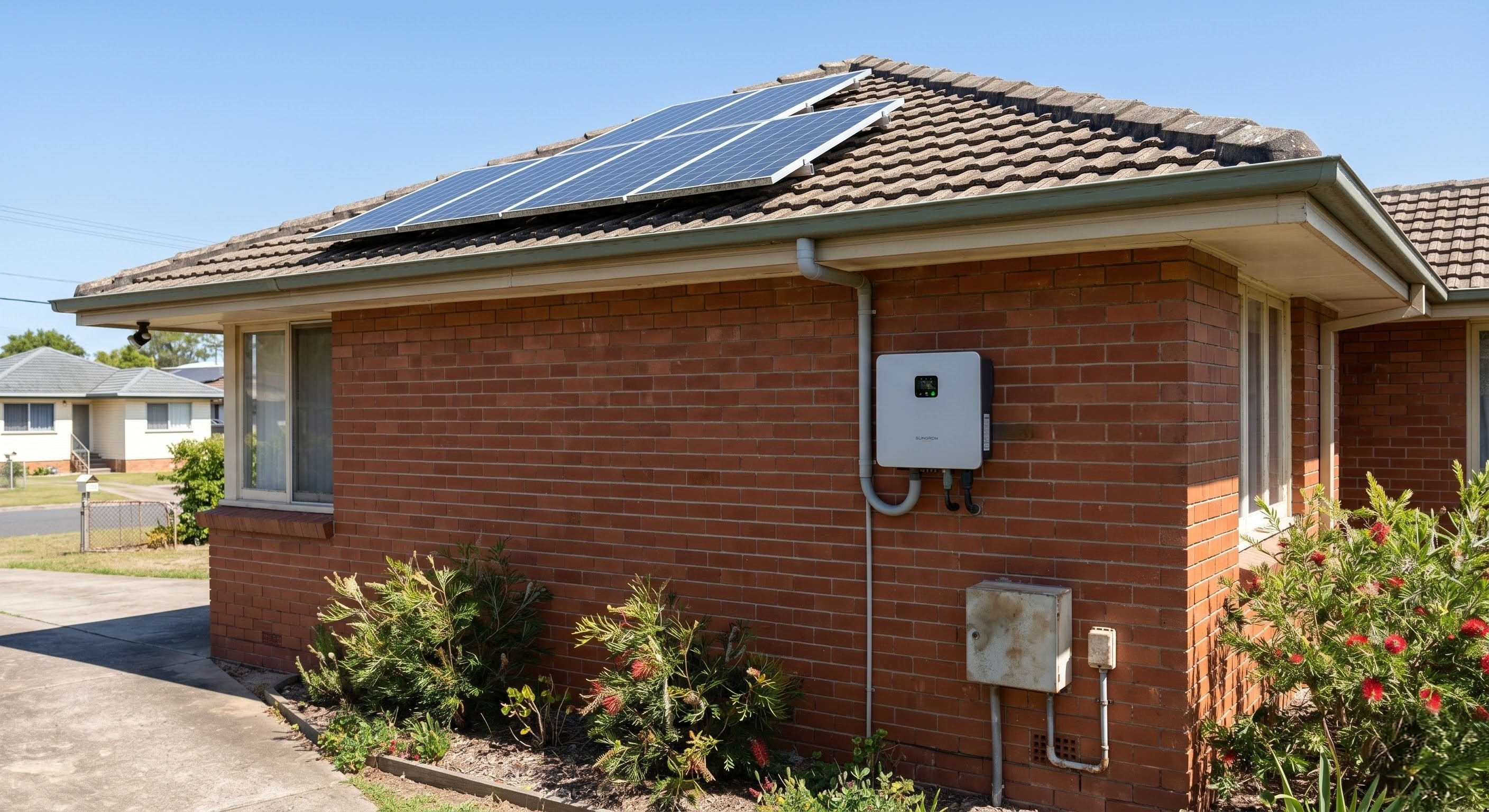 Red brick house with solar panels, a solar inverter and flowering bushes.
