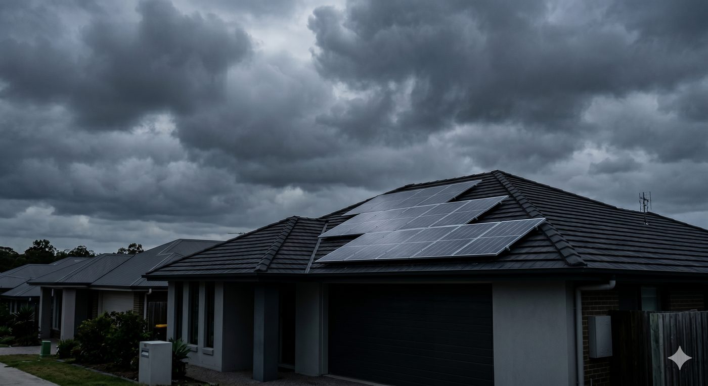 Residential rooftop solar panels under an overcast sky, with forecasting used to decide whether to grid-charge.