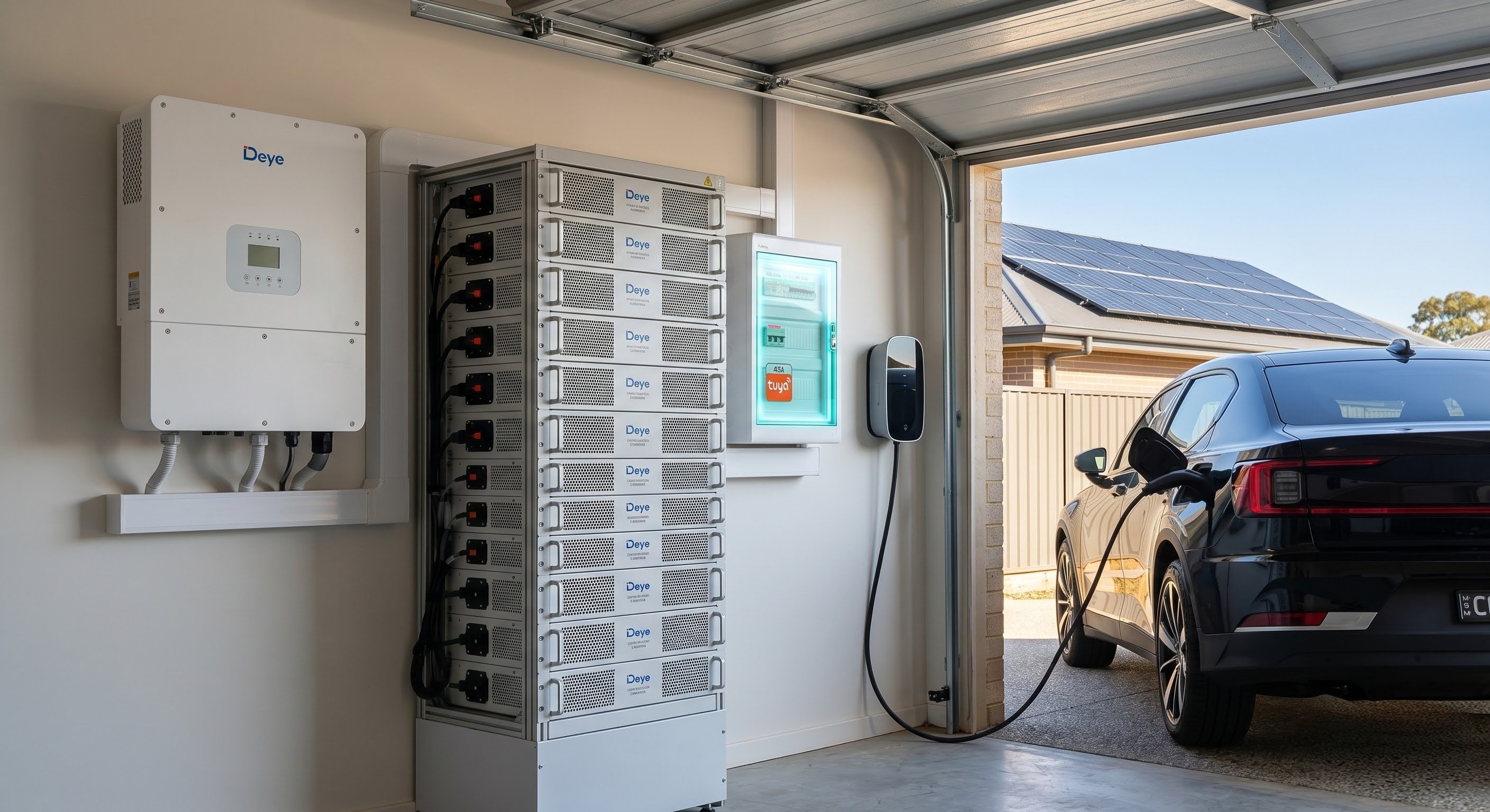Home garage with a wall-mounted battery system and a black car charging, with solar panels visible outside.
