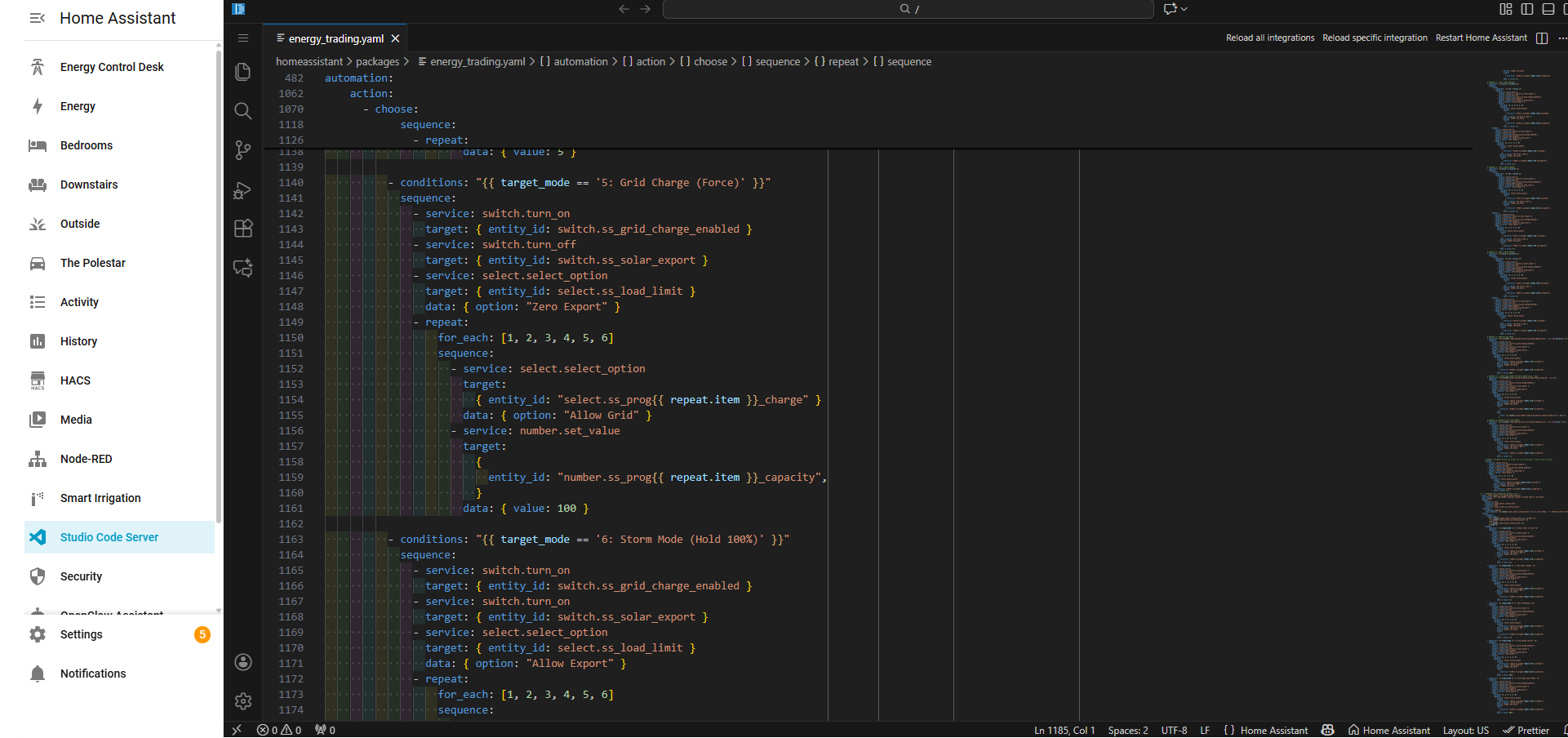 Code editor showing a YAML file for energy settings in Home Assistant, with its Energy and Studio Code Server navigation.