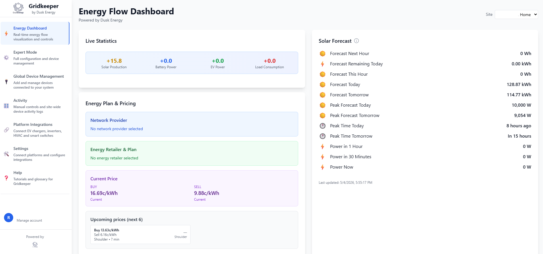 Energy dashboard showing solar production, battery power, EV power, load consumption, pricing and solar forecast.