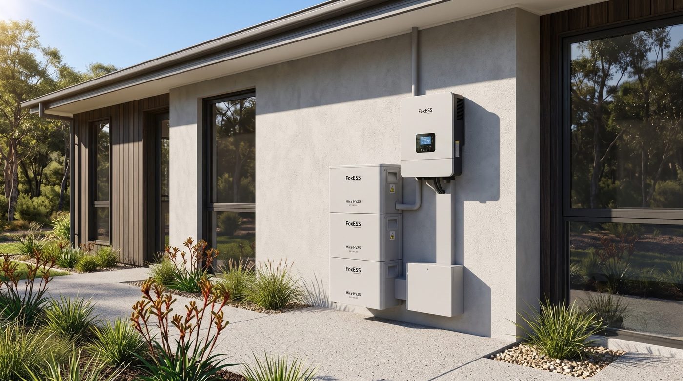 Modern FoxESS hybrid solar inverter installed on a home, natively automated via Gridkeeper.