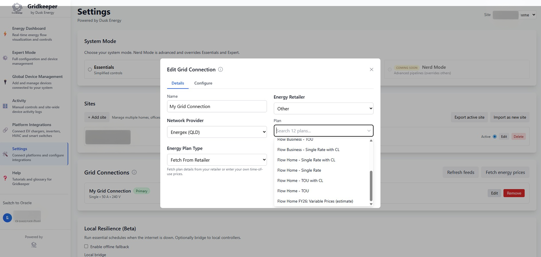 The Gridkeeper settings interface showing how a user can switch their energy retailer profile to the Flow Power Home plan.