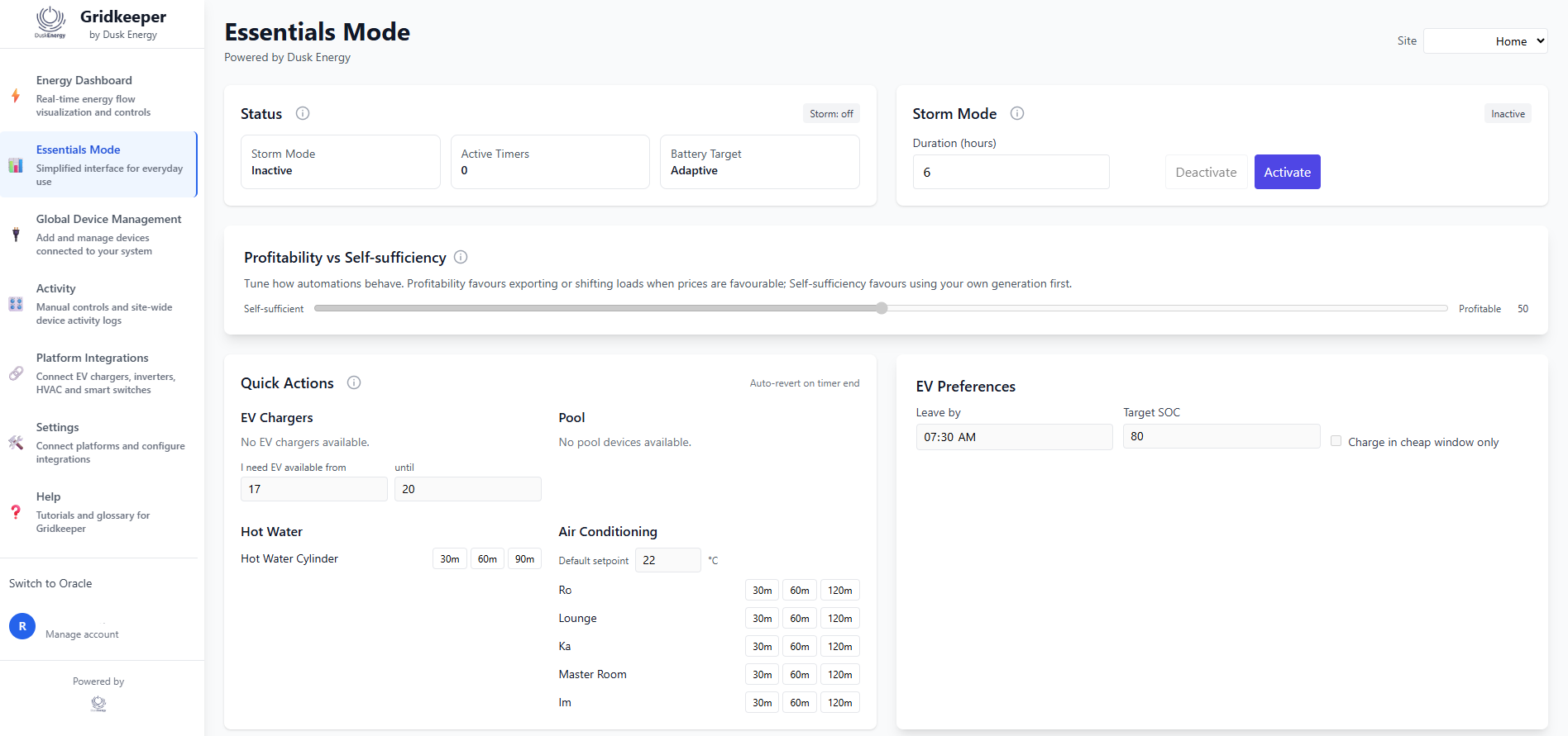 Gridkeeper dashboard featuring Essentials Mode, EV preferences and Quick Actions.