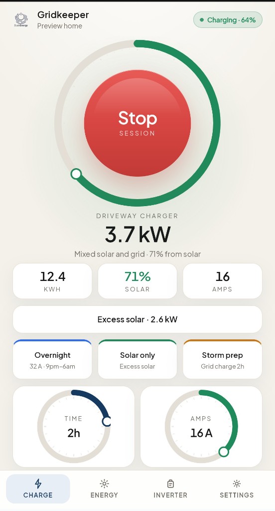 Gridkeeper mobile web app charging screen